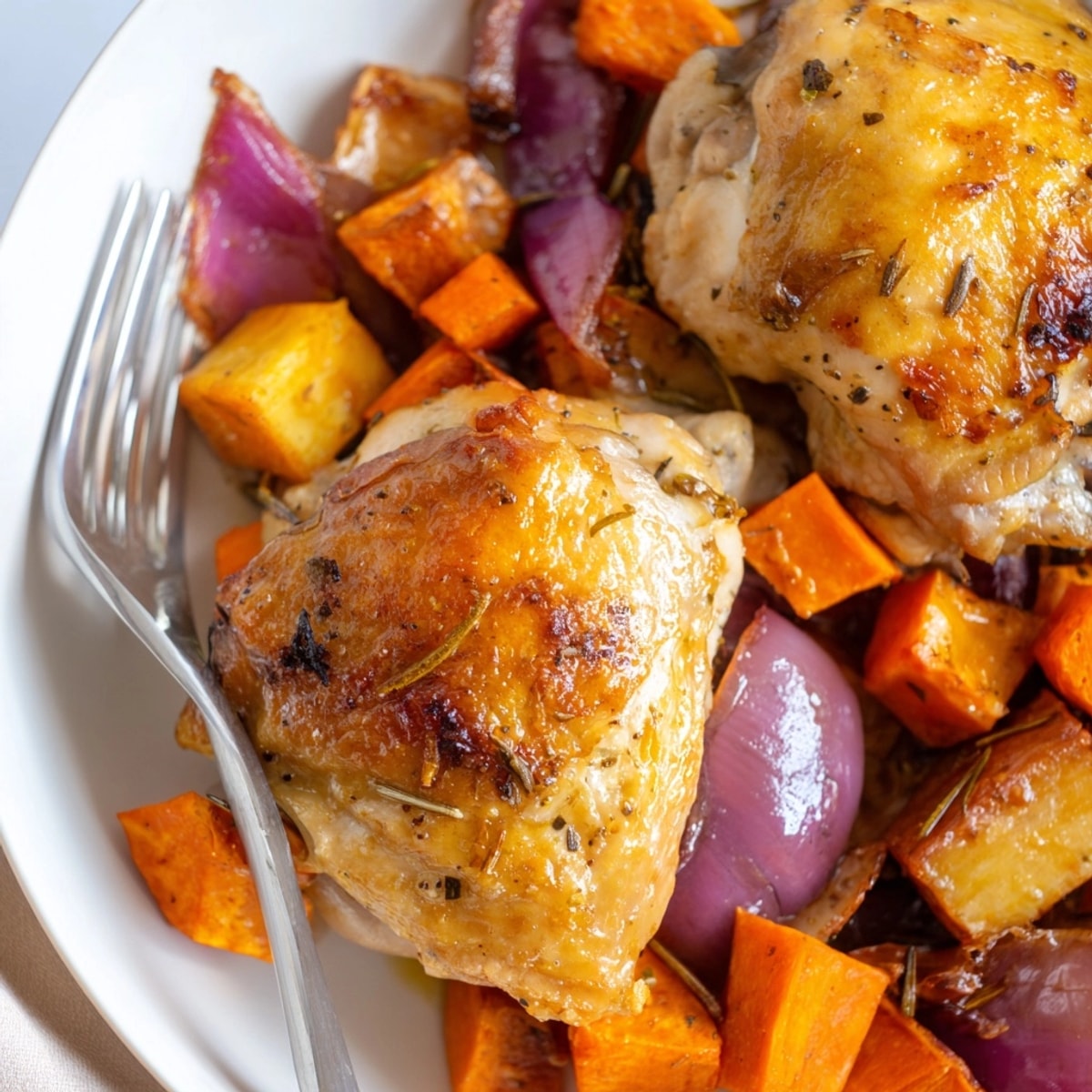 Golden Honey-Glazed Chicken with Roasted Root Vegetables glistening, ready to be served for dinner.