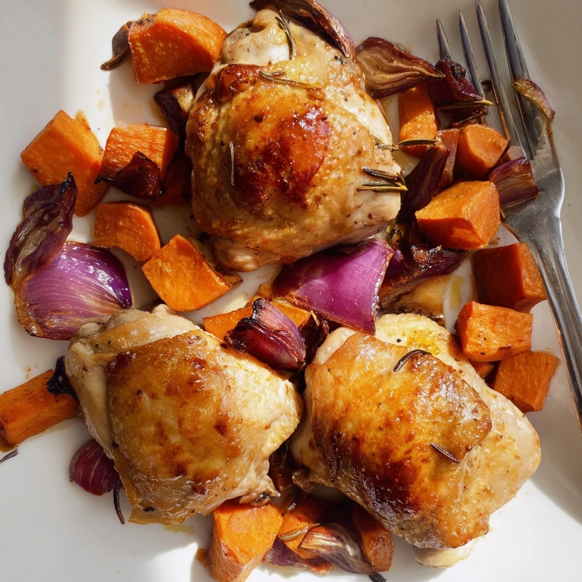 Aromatic Honey-Glazed Chicken sits atop colorful roasted root vegetables; a comforting gluten-free meal.