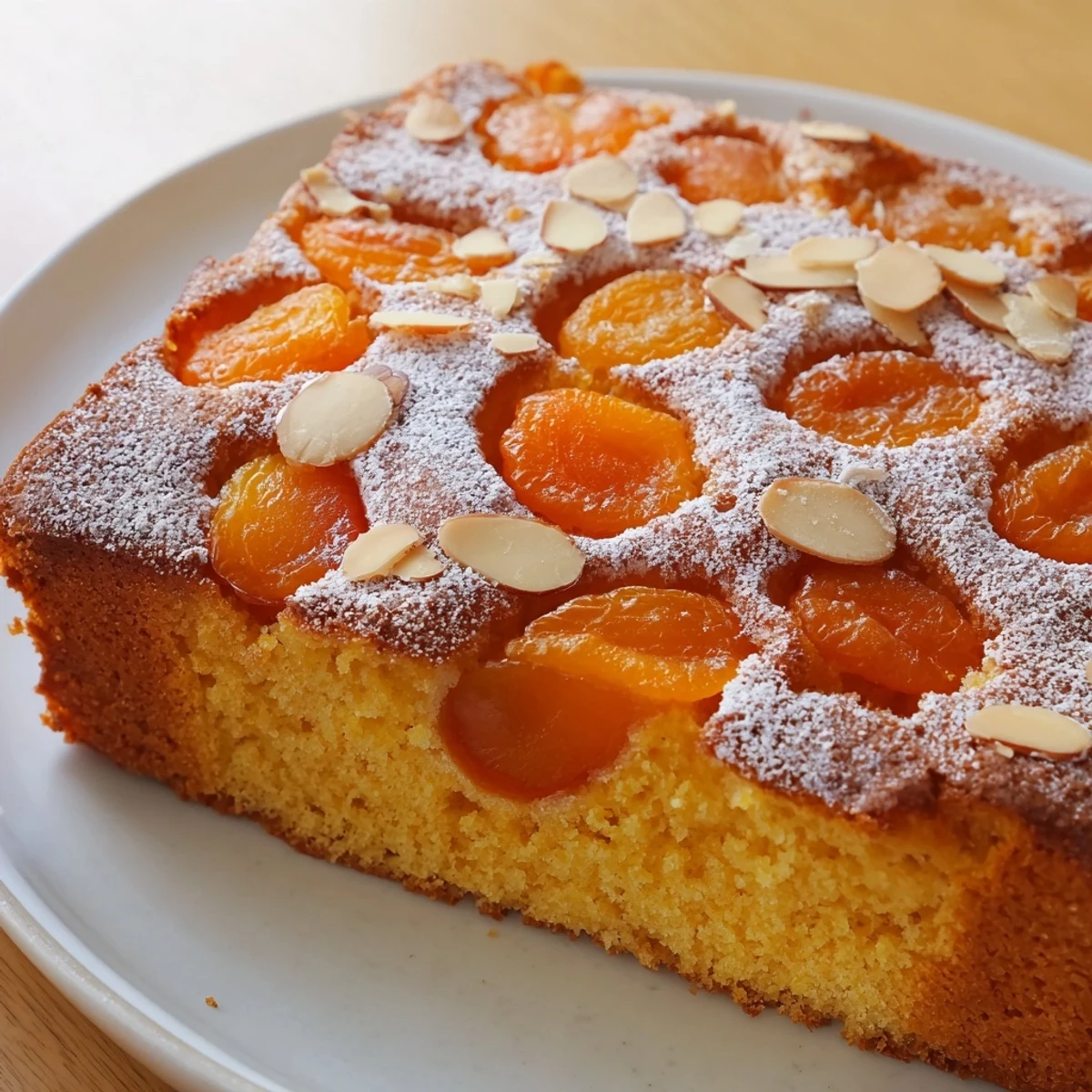 Warm slice of Soft Sweet Plum-Infused Almond Cake, topped with toasted almonds, ready to serve.