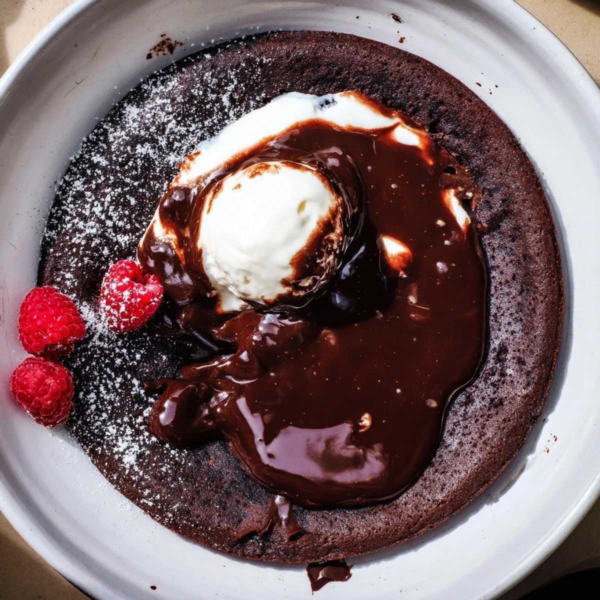 Warm, gooey cocoa-warm dark chocolate lava cakes with melted centers, ready to serve with berries.