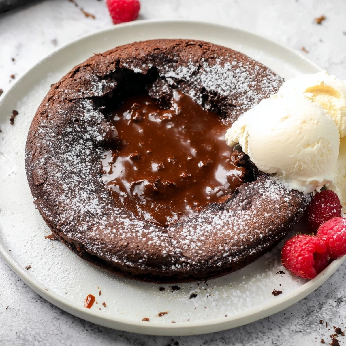Steam rising from perfectly baked cocoa-warm dark chocolate lava cakes, ideal with vanilla ice cream.