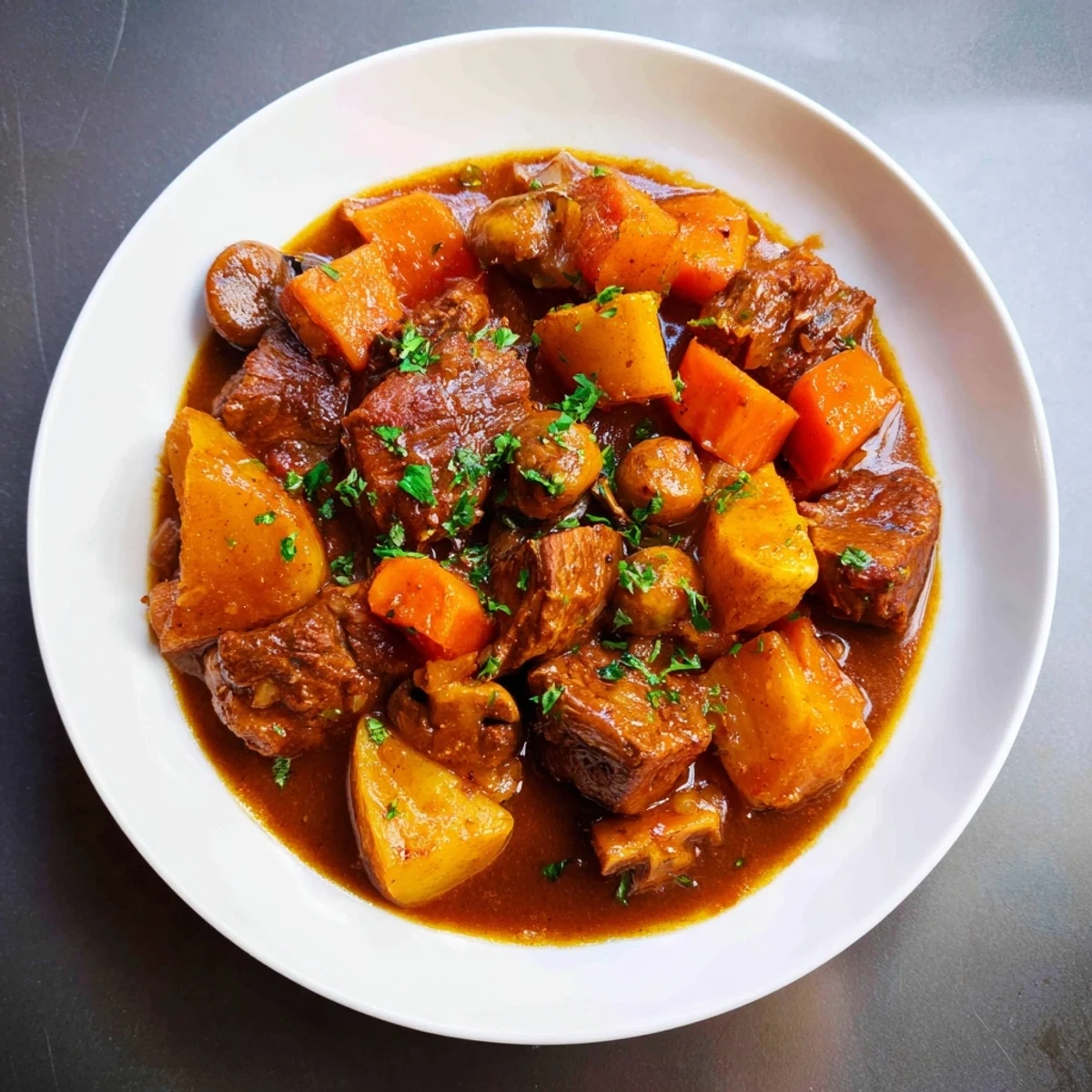Savory Earthy Beef Stew served bubbling in a Dutch oven, perfect with warm, crusty homemade bread.