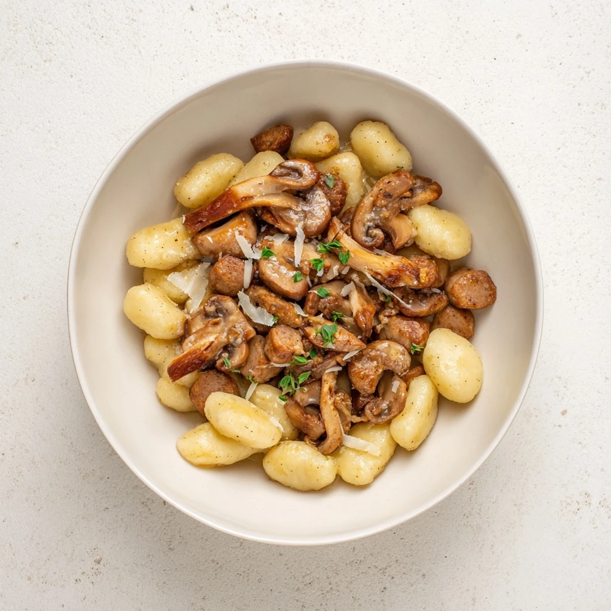 Golden skillet of Woodsy Sausage and Mushroom Gnocchi, a creamy comfort food dinner.