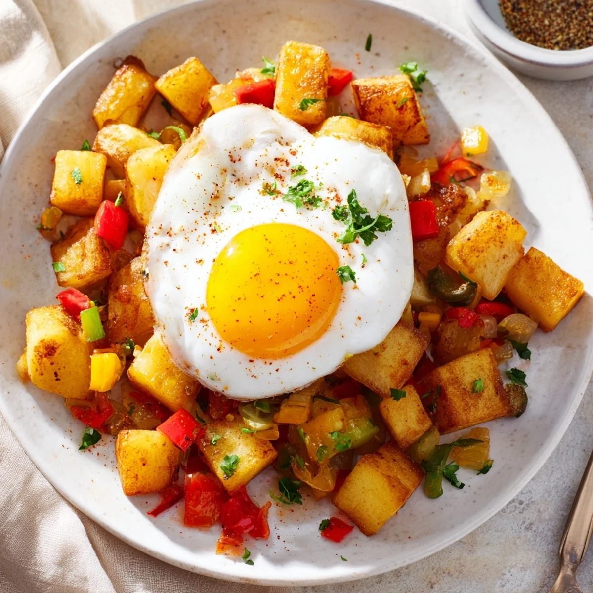 A close-up of a skillet brimming with Simple Skillet Egg and Potato Hash, a delightful breakfast.