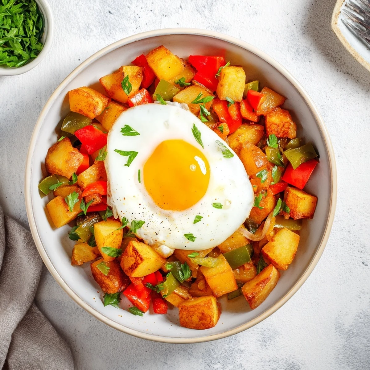 Enjoy the savory aroma of a warm Simple Skillet Egg and Potato Hash, perfect for dinner.