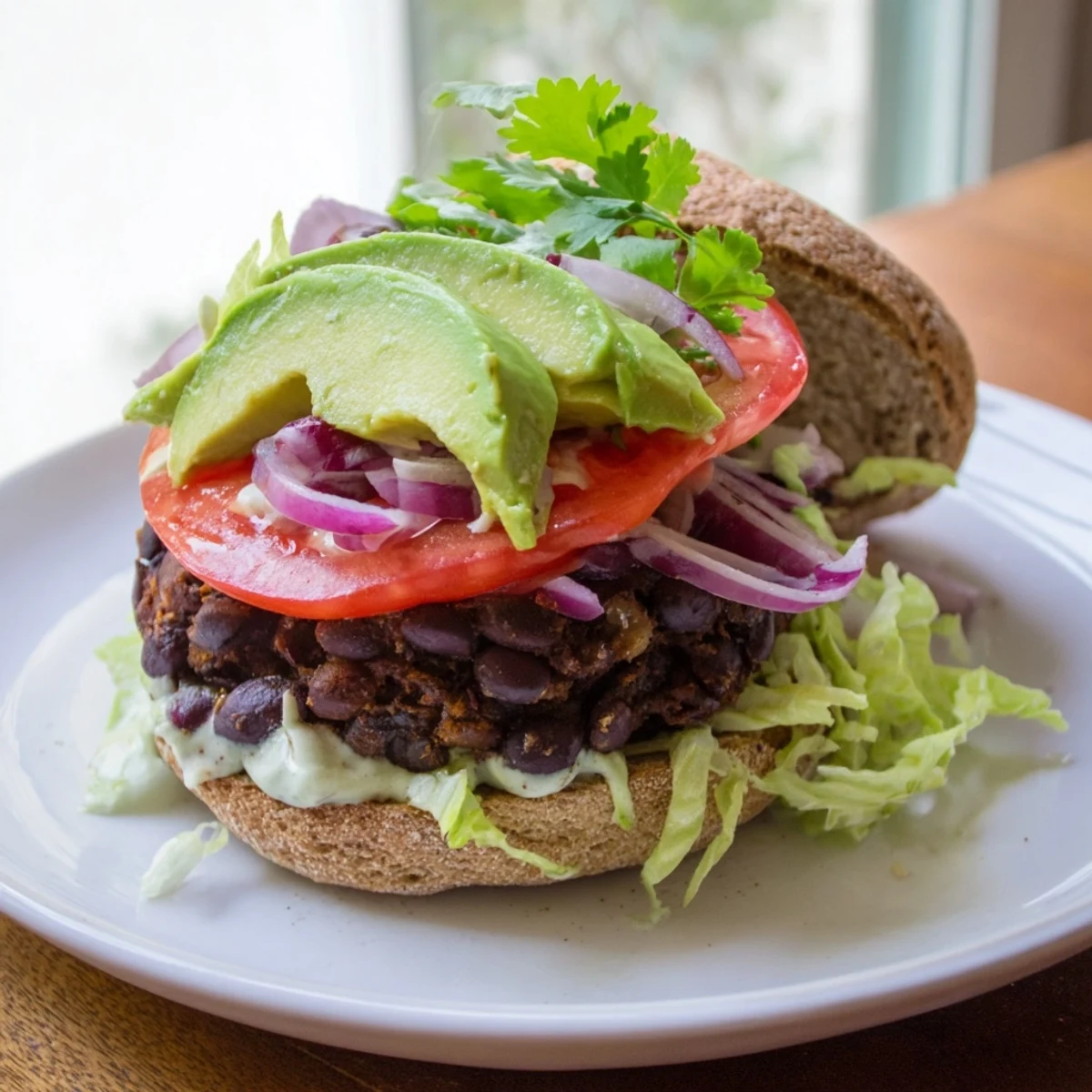 Close-up of a juicy Zesty Weeknight Black Bean Burger, topped with creamy avocado and fresh vegetables.