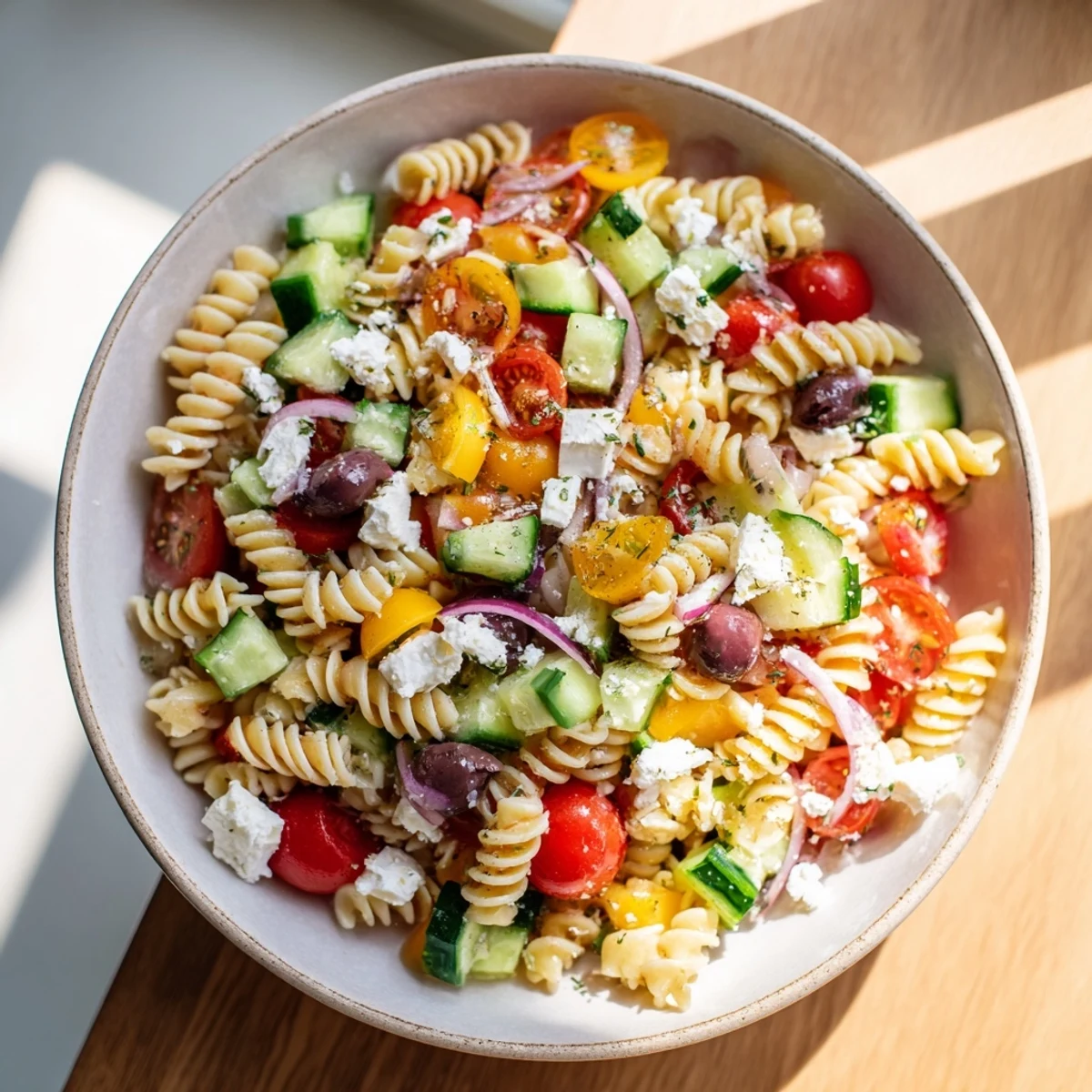 Cool, refreshing Mediterranean Olive Oil and Feta Pasta Salad with plump olives and fresh herbs, ready to serve.