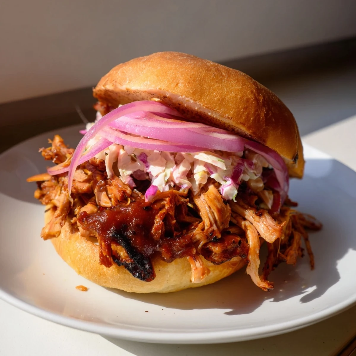Fire-Kissed BBQ Pulled Pork Sandwiches, piled high on toasted buns, with smoky, flame-kissed edges.