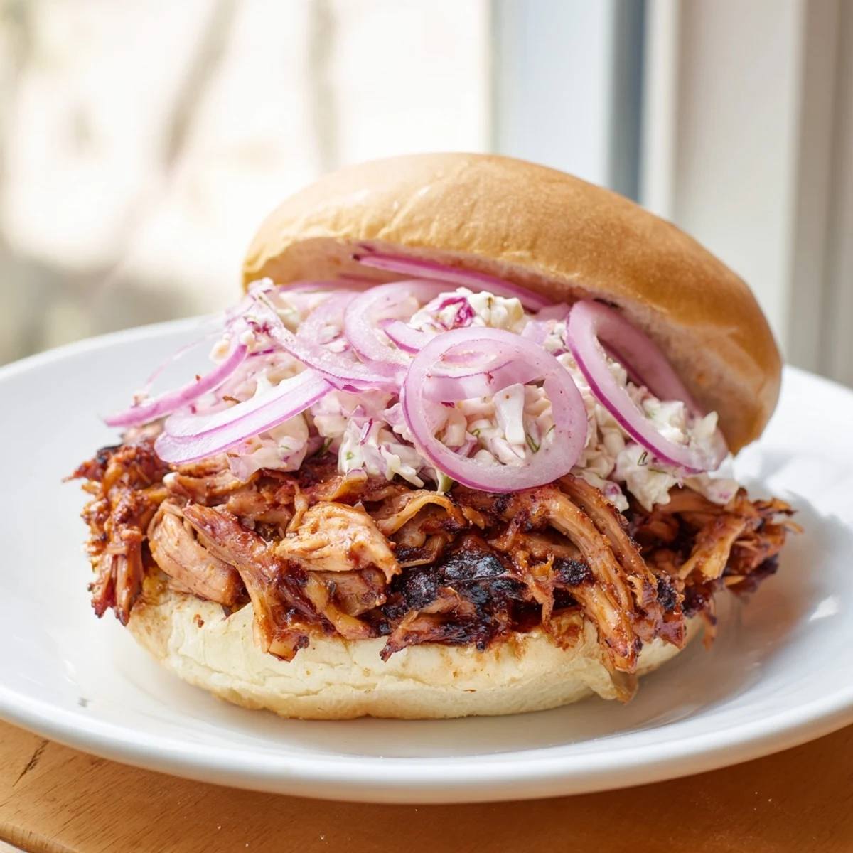 Juicy, tender Fire-Kissed BBQ Pulled Pork Sandwiches, with a generous drizzle of savory barbecue sauce.