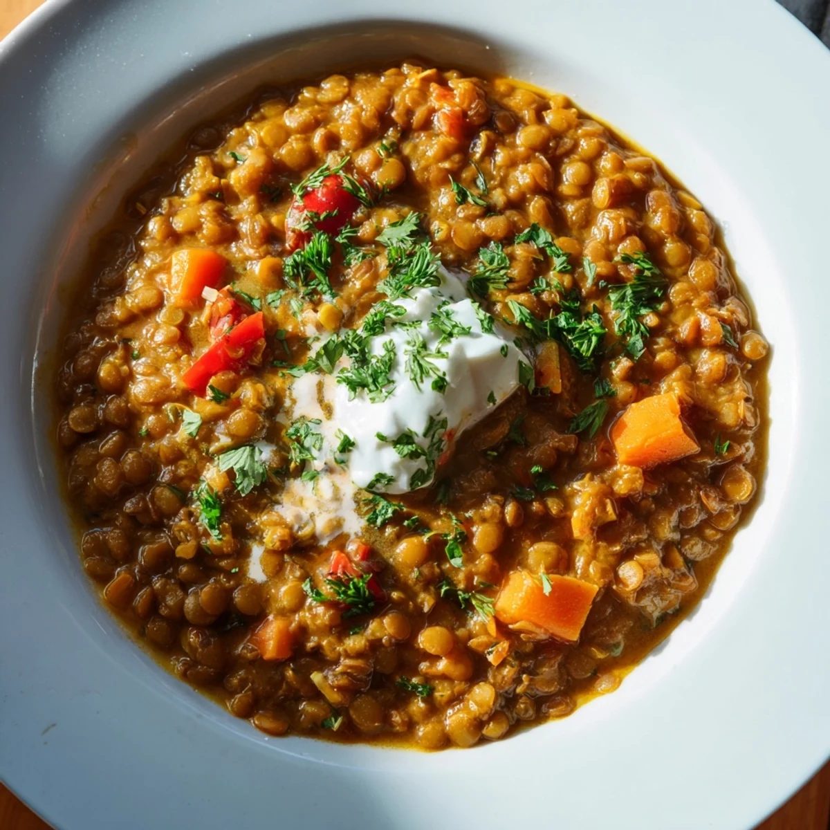 Steaming, flavorful Wheat-Warm Hearty Lentil Curry, a one-pot meal with vibrant herbs and spices.