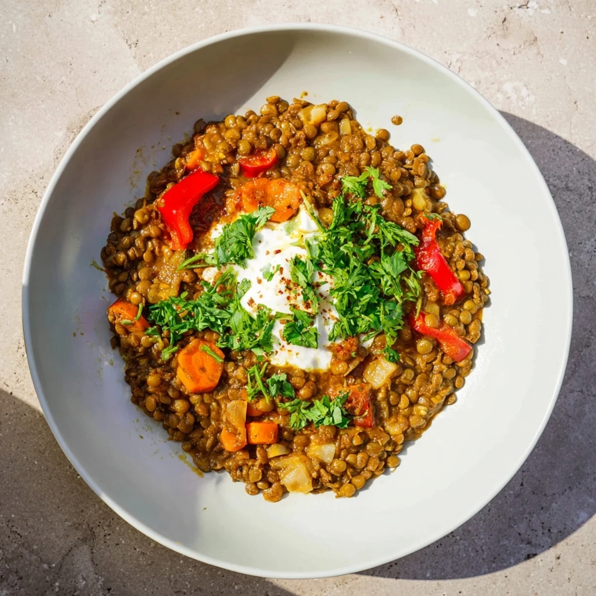 A generous serving of Wheat-Warm Hearty Lentil Curry, looking hearty and rich with lentils and veggies.