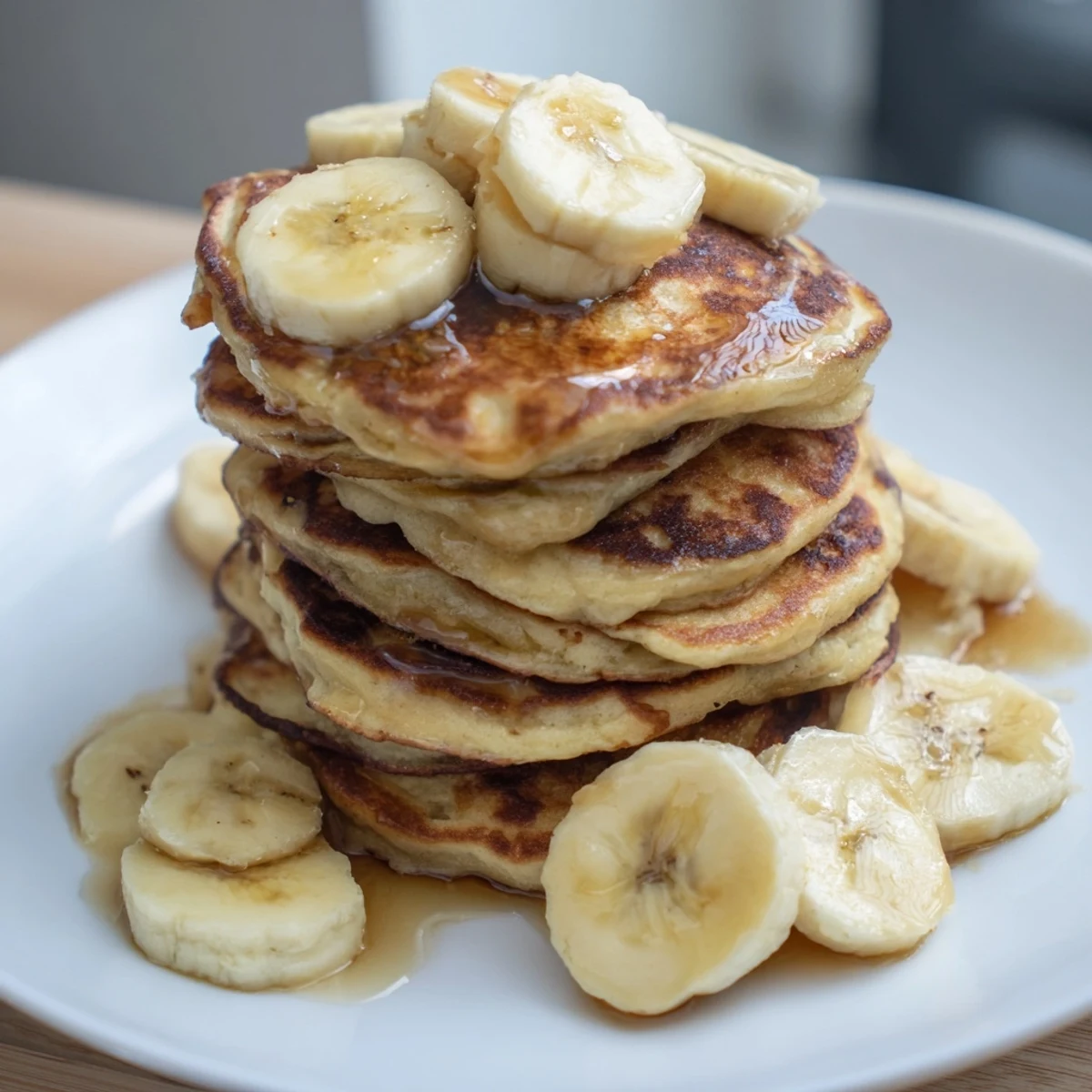 Fluffy weekend banana pancakes drizzled with maple syrup, offering a sweet bite for brunch enjoyment.