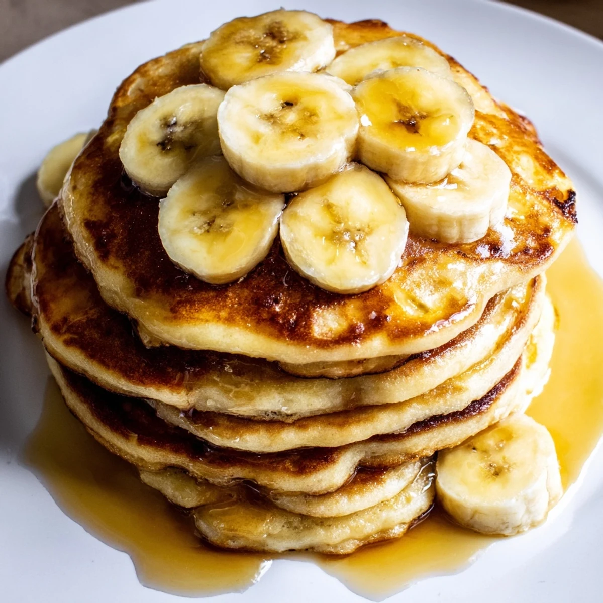 A stack of perfectly cooked golden-brown banana pancakes, served with syrup for a delicious brunch.