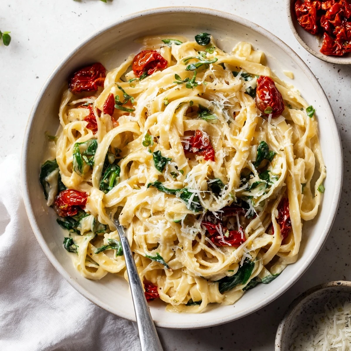 Enjoy this rich, flavorful One-Pot Creamy Tuscan Garlic Herb Pasta topped with Parmesan cheese for dinner tonight.