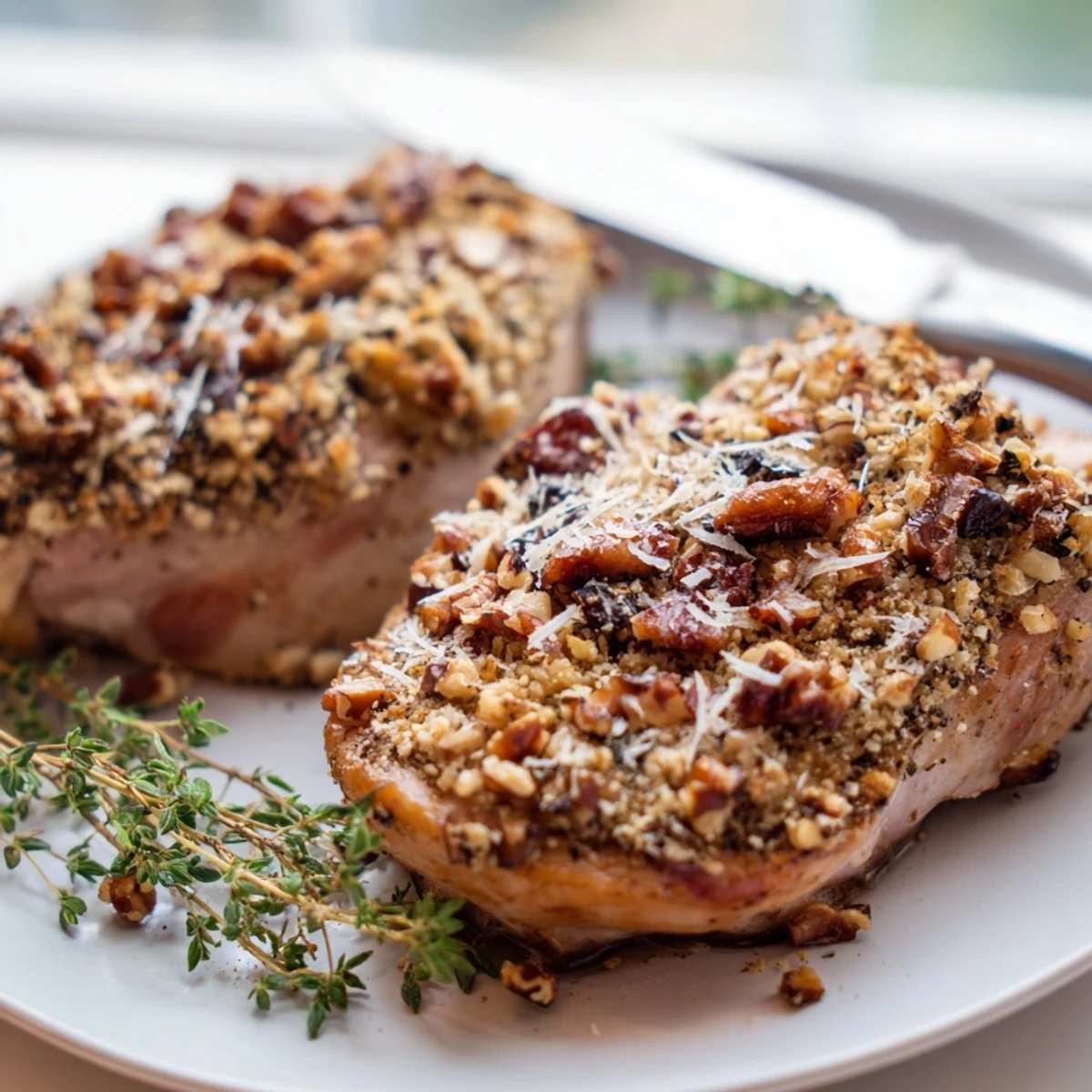 Golden thyme and pecan crusted pork tenderloin, sliced and ready to serve on a warm plate.