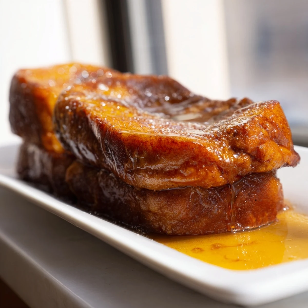 Golden-brown Soft Spice Baked French Toast Casserole, topped with cinnamon sugar, ready to serve with berries.
