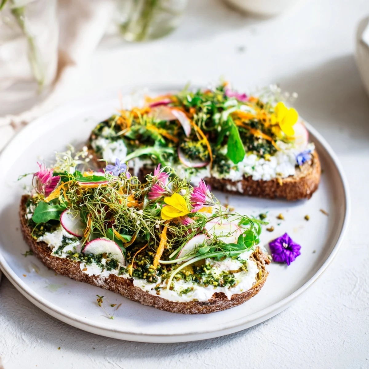 Fresh Meadow Vegetable Tartines showcase vibrant garden vegetables over creamy cheese and toasted bread.