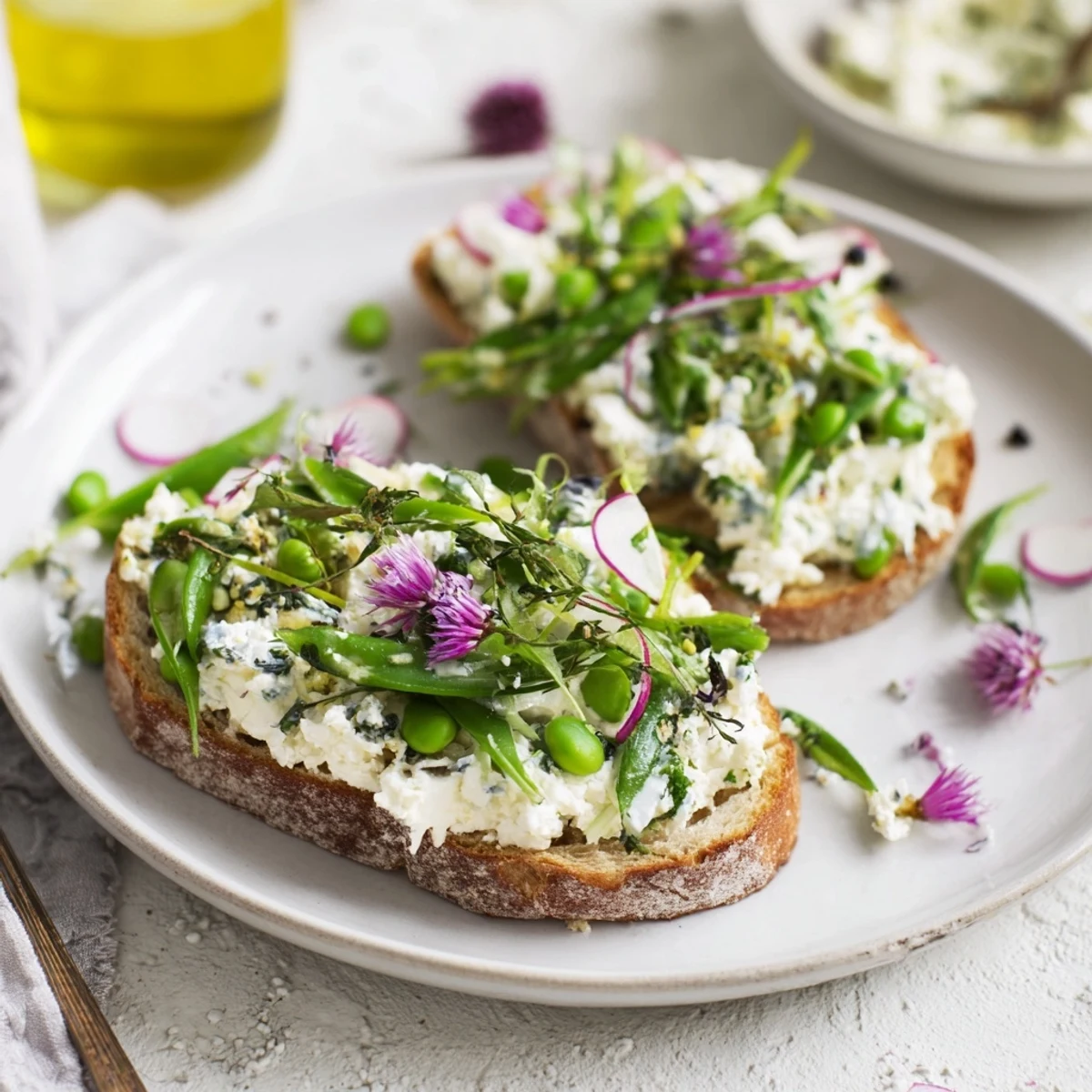Crisp, colorful Fresh Meadow-Inspired Garden Vegetable Tartines with an elegant arrangement, perfect for a light meal.