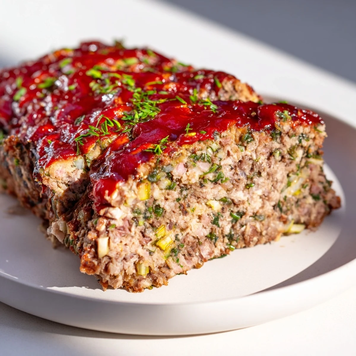 Perfectly browned Everyday Herb-Sprigged Turkey Meatloaf slices, ready for serving with mashed potatoes.