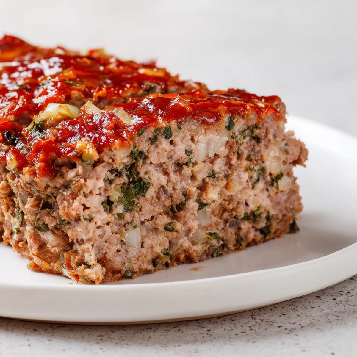A flavorful and juicy Everyday Herb-Sprigged Turkey Meatloaf, topped with a sweet, shiny glaze in a loaf pan.