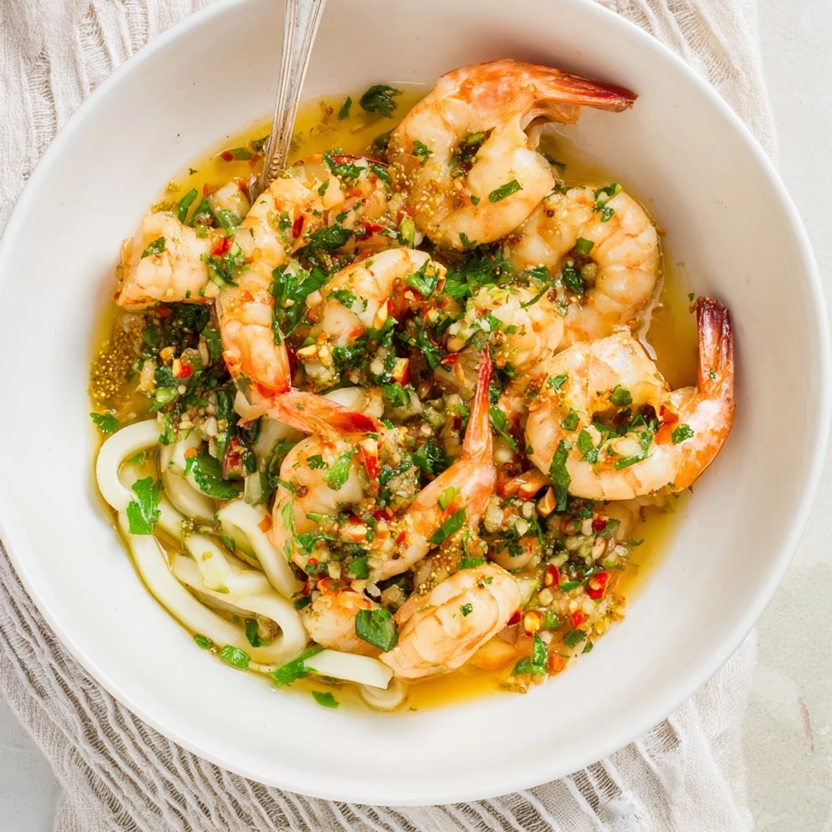 Vibrant Light & Bright Lemon Herb Shrimp Scampi with a luscious lemon sauce, ready for a delicious meal.