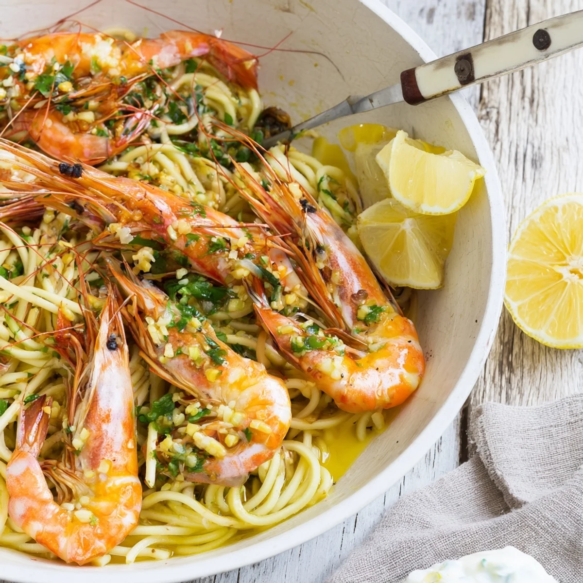 A steaming bowl of Light & Bright Lemon Herb Shrimp Scampi, garnished with fresh herbs and lemon wedges.
