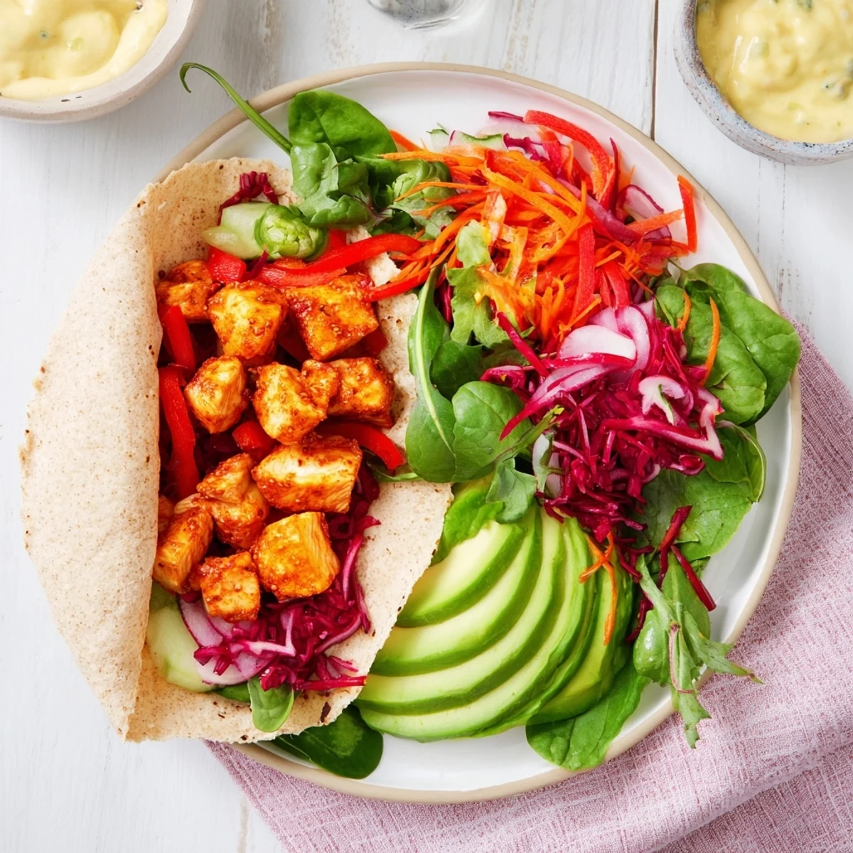 Freshly assembled poppy-inspired chicken salad wraps ready to eat, bursting with colorful, healthy ingredients.