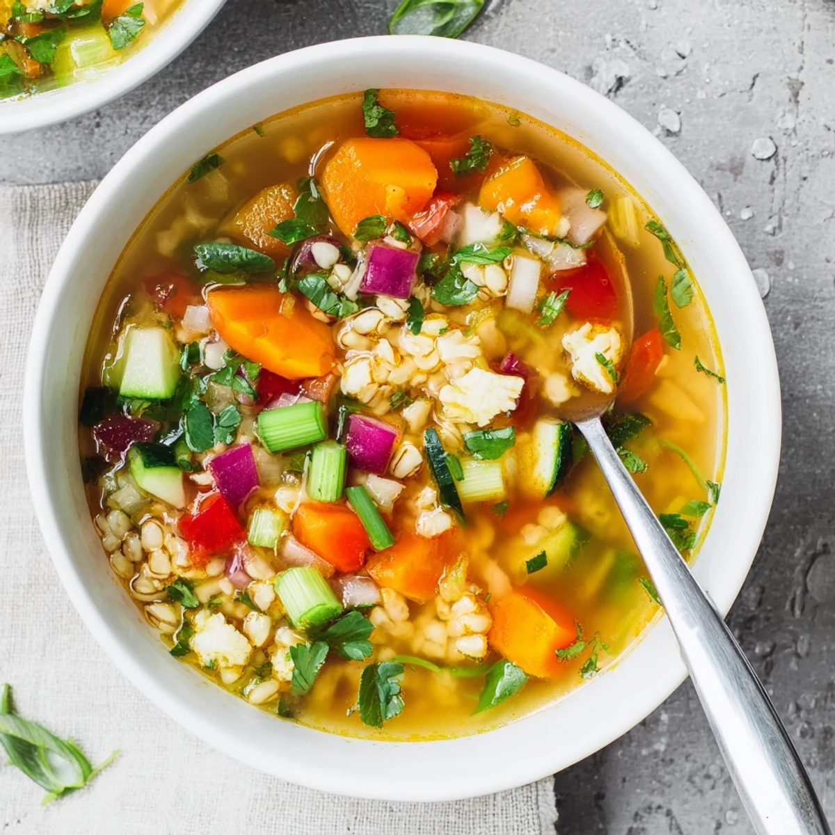 Steaming bowl of Simple Homemade Grain and Vegetable Soup, richly colored with carrots and diced tomatoes.