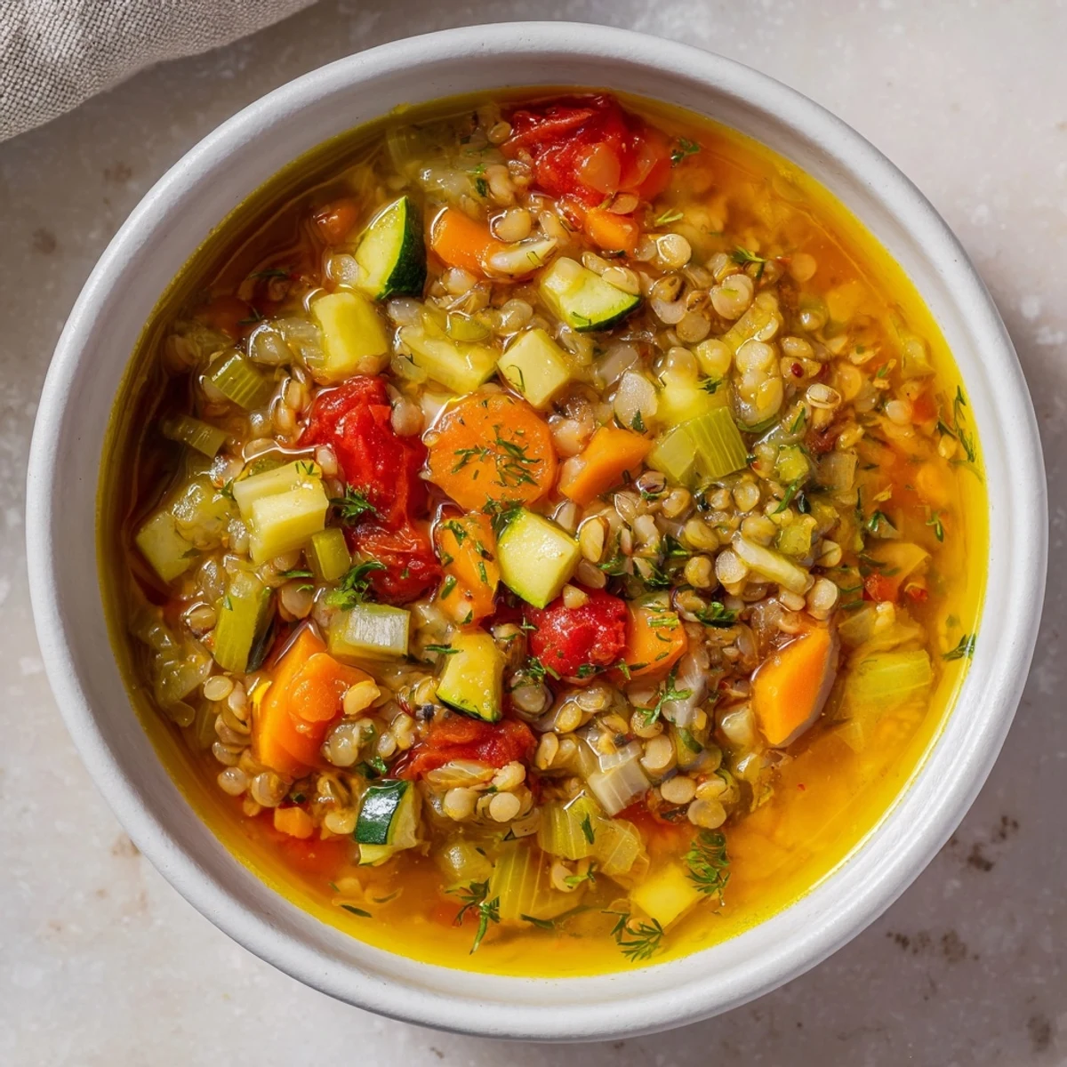 Close-up of Simple Homemade Grain and Vegetable Soup, featuring barley and fresh parsley garnish, ready to enjoy.