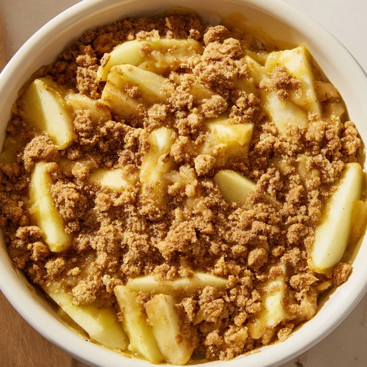 Enjoy a slice of warm Apple and Cinnamon Crumble, with golden crumble, and tender baked apple filling.