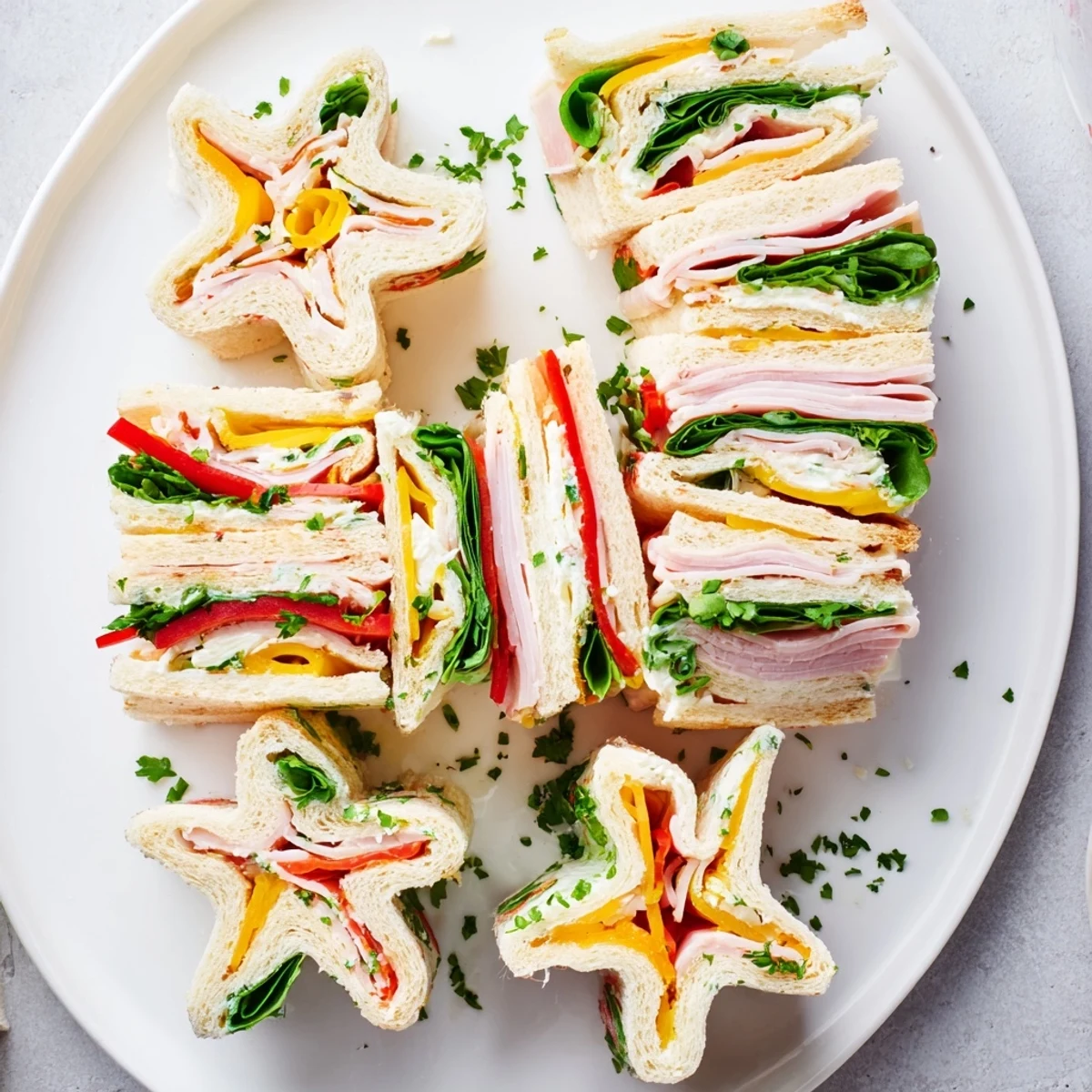 Delightful star-shaped Party Sandwiches: stacked deli meats and cheeses beautifully rolled for your party.