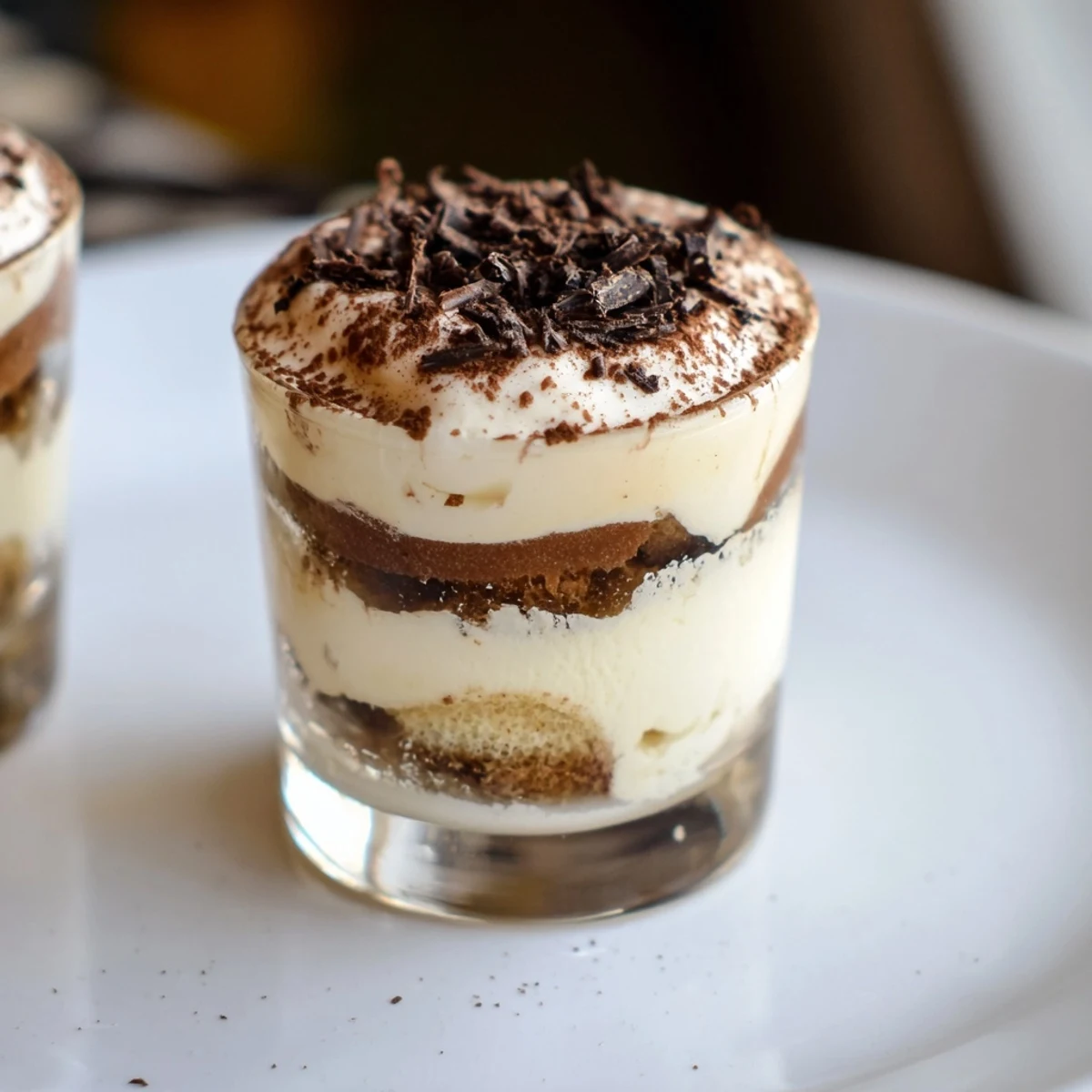 Picture of luscious Countdown Tiramisu Shots: creamy mascarpone and coffee-soaked ladyfingers in shot glasses.