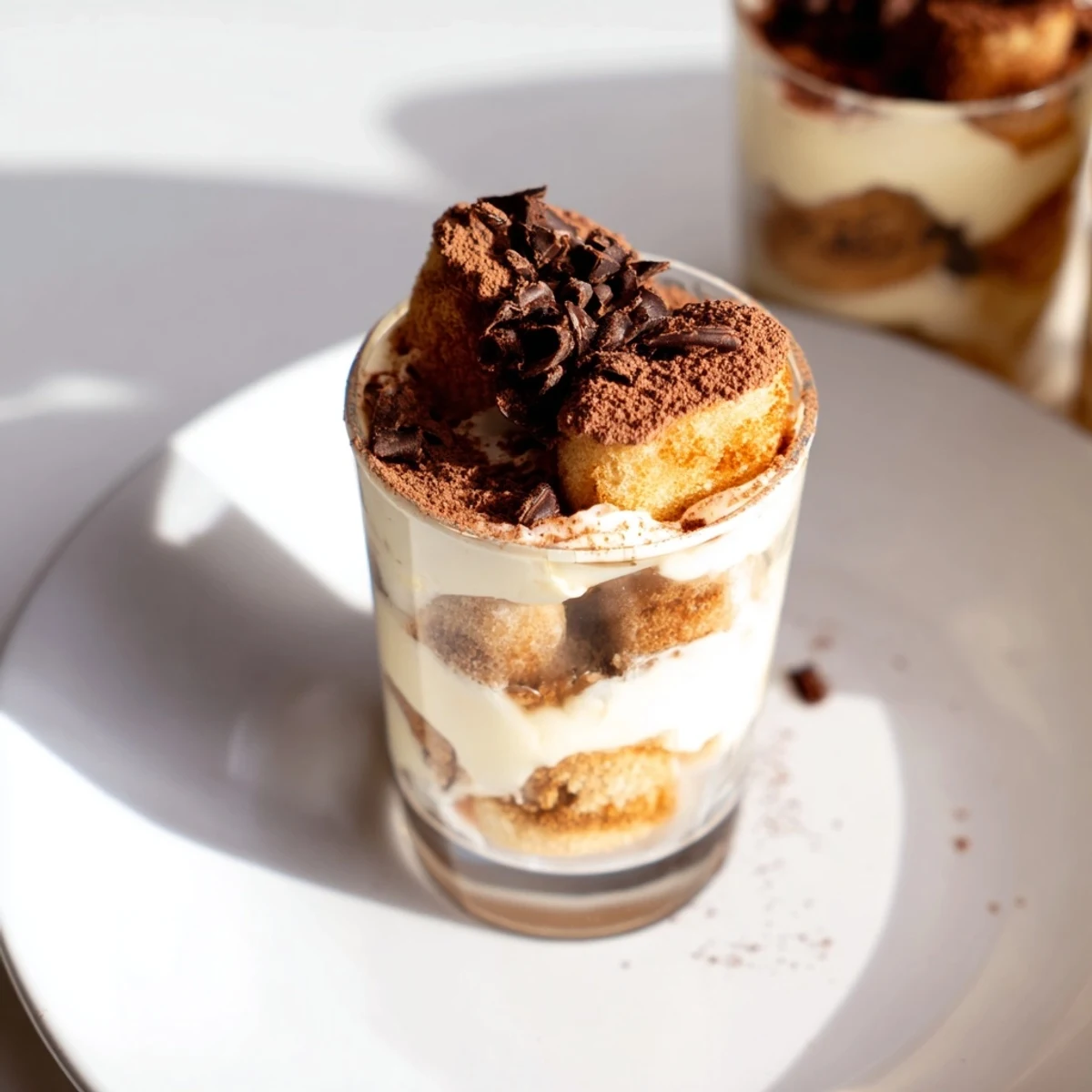 Mini glasses showcasing elegant Countdown Tiramisu Shots, dusted with cocoa and perfect for a sweet ending.