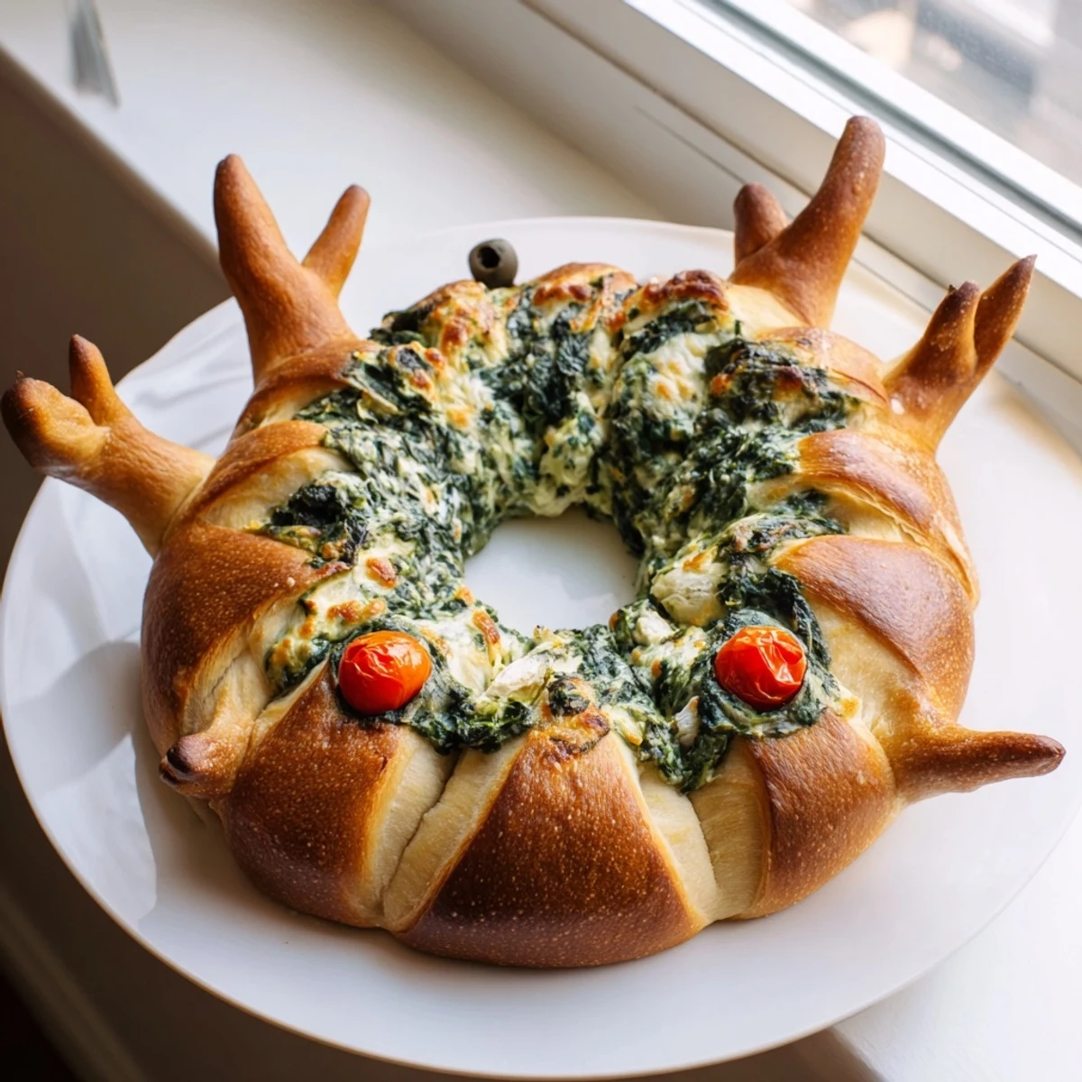 Festive Reindeer Antler Spinach Dip Ring, a savory pull-apart bread with creamy spinach filling.