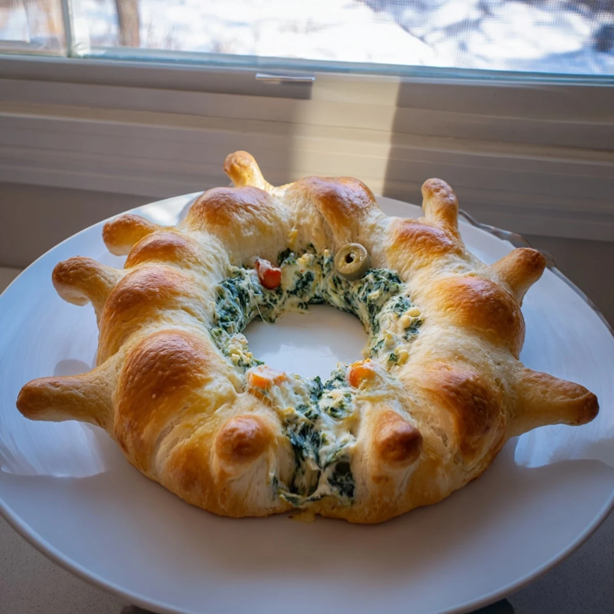 Golden baked Reindeer Antler Spinach Dip Ring, great for sharing during holiday gatherings, looks so delicious.