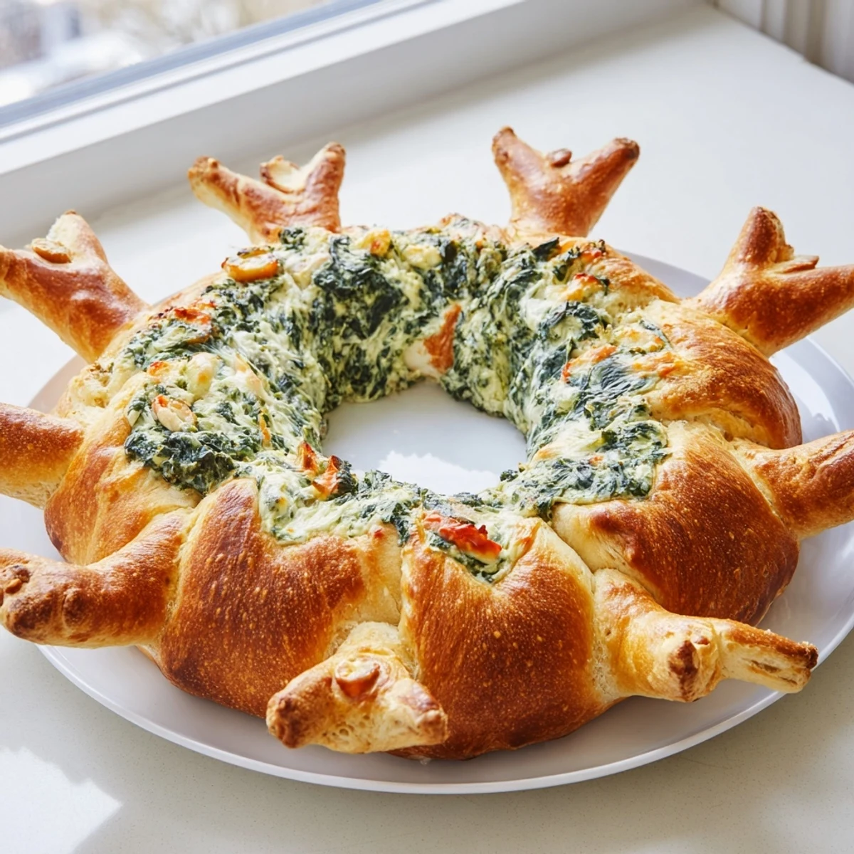 Delicious, warm Reindeer Antler Spinach Dip Ring ready to serve and impress your guests this holiday.
