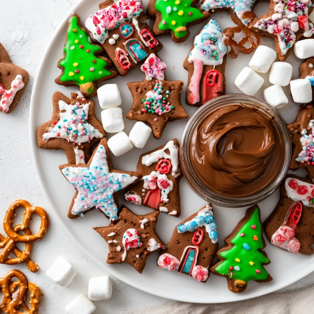 The Sweet Board: Gingerbread Village is a charming holiday dessert scene with gingerbread and sweets.