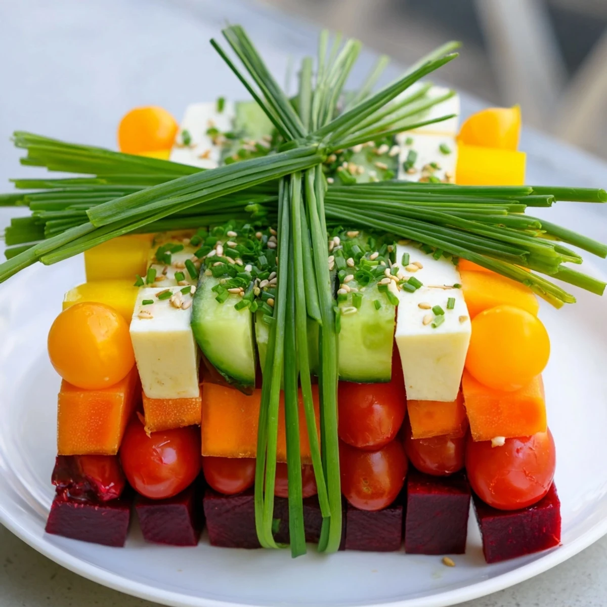 Vibrant Stacked Gift Box Veggie Cubes, colorful and delicious, perfect for a party appetizer.