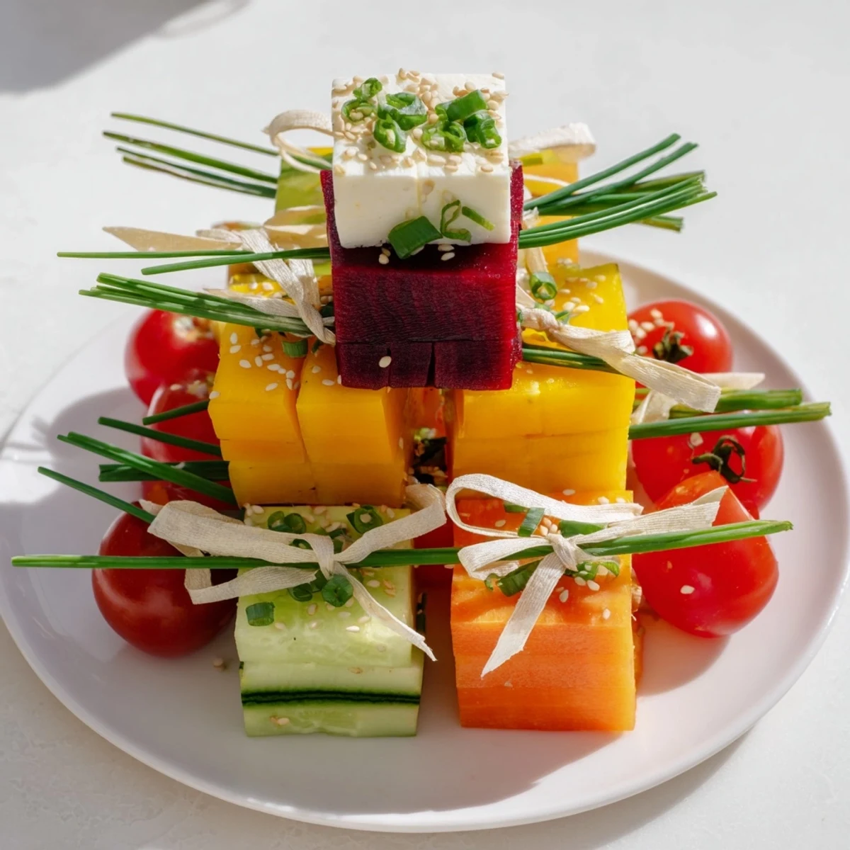 Festive and eye-catching Stacked Gift Box Veggie Cubes, ready to be served as delightful snacks.