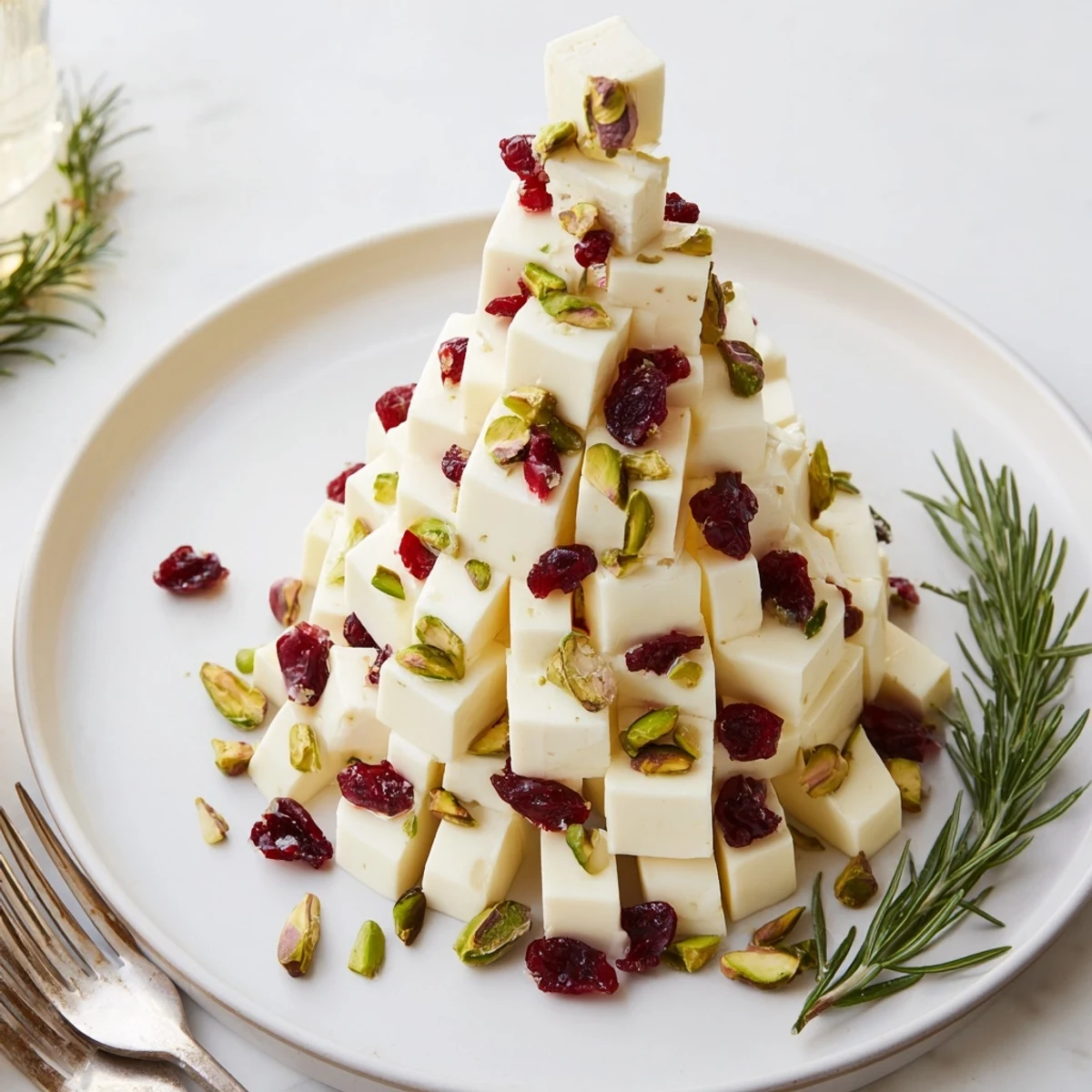 Vibrant Cranberry White Cheddar Tree appetizer piled high with cheese, cranberries, pistachios, and rosemary.