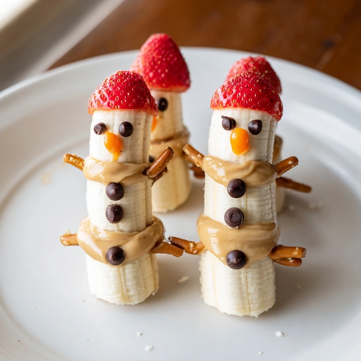 Banana Peanut Butter Snowmen are adorable—banana slices with creamy peanut butter and festive holiday details.