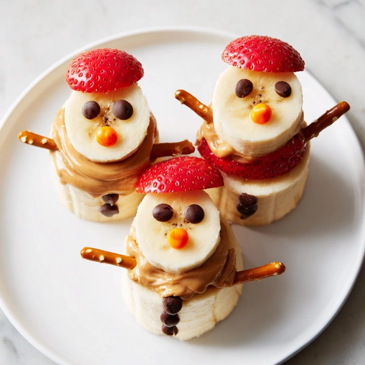 Festive Banana Peanut Butter Snowmen: a delicious and healthy snack, perfect for kids' parties and celebrations.