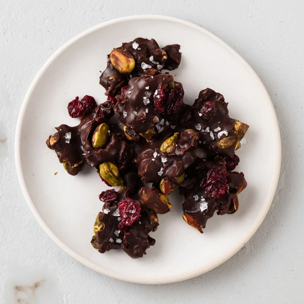 Gourmet Pistachio and Dried Cranberry Clusters, perfect for snacking, with a drizzle of rich dark chocolate.
