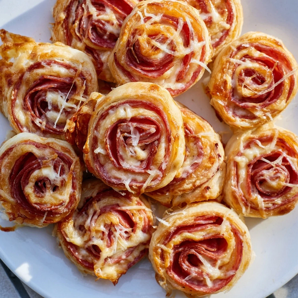 Warm Sliced Cheddar and Salami Scrolls, with melted cheese and salami spilling from flaky pastry layers.