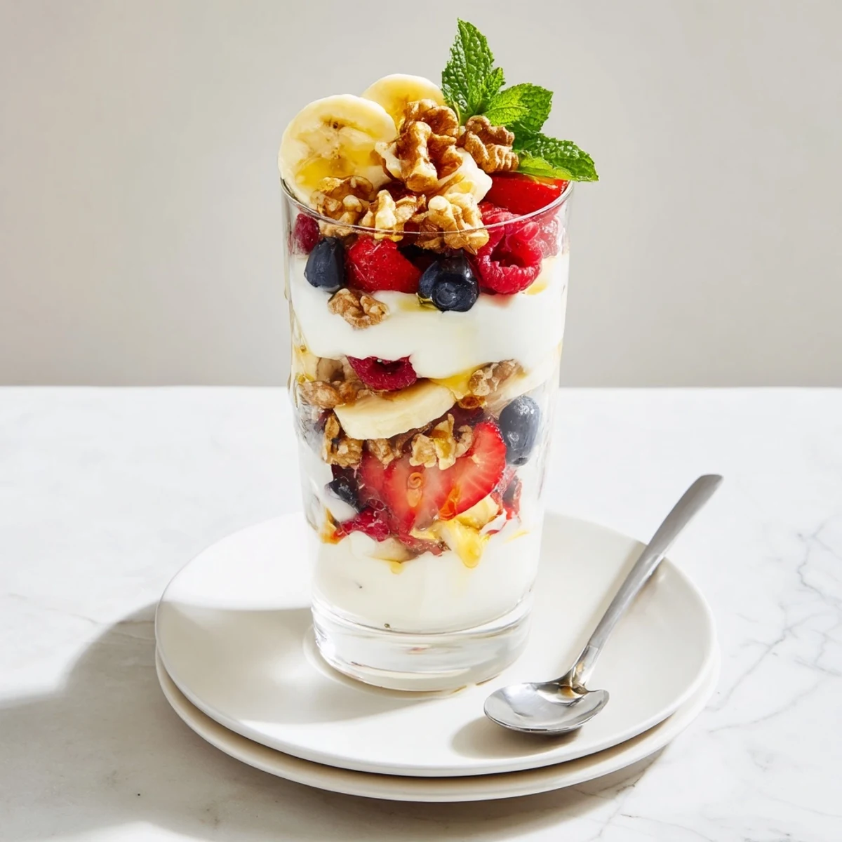 Enjoy a refreshing Yogurt Parfait, its layers showcasing colorful fruit and crispy granola pieces in pretty glasses.