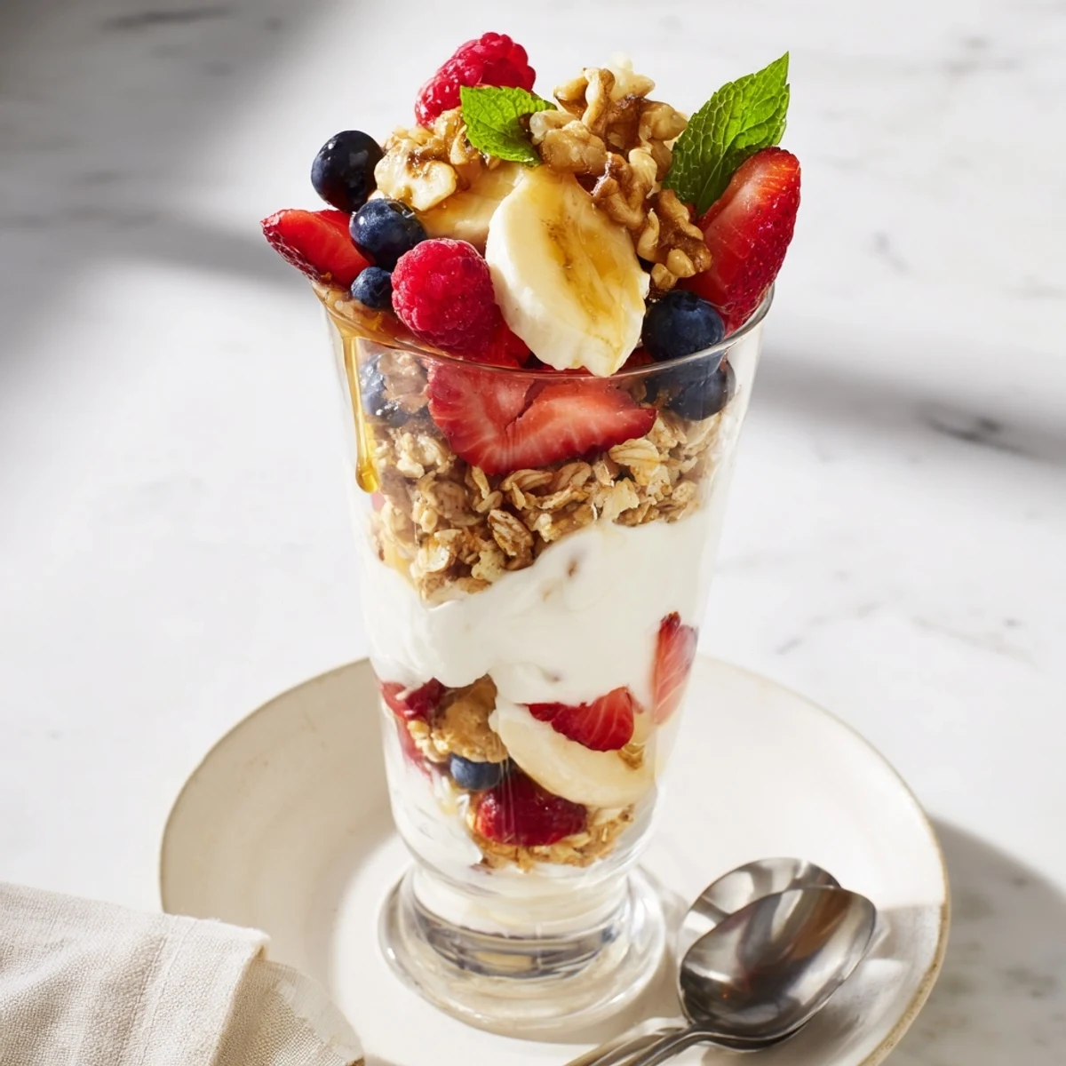 This Yogurt Parfait provides a satisfying treat, featuring delightful textures with yogurt, fruit, and granola in layered glasses.