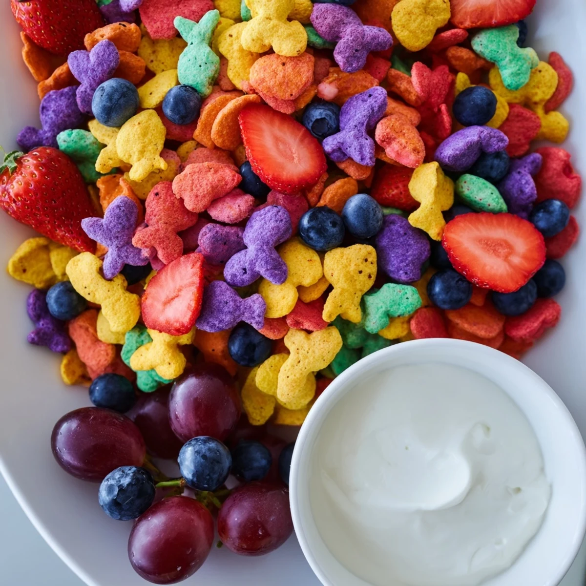 A vibrant pile of rainbow Goldfish crackers beside fresh fruit and creamy yogurt dip.