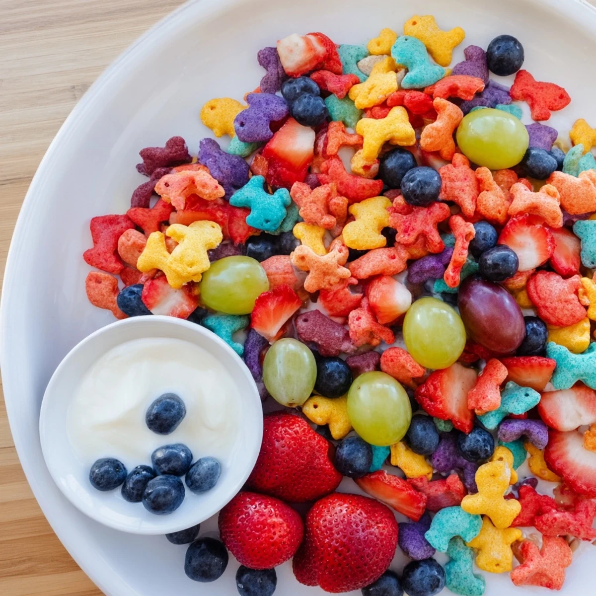 Close-up of a playful snack: rainbow Goldfish crackers with fresh fruit and yogurt for dipping.