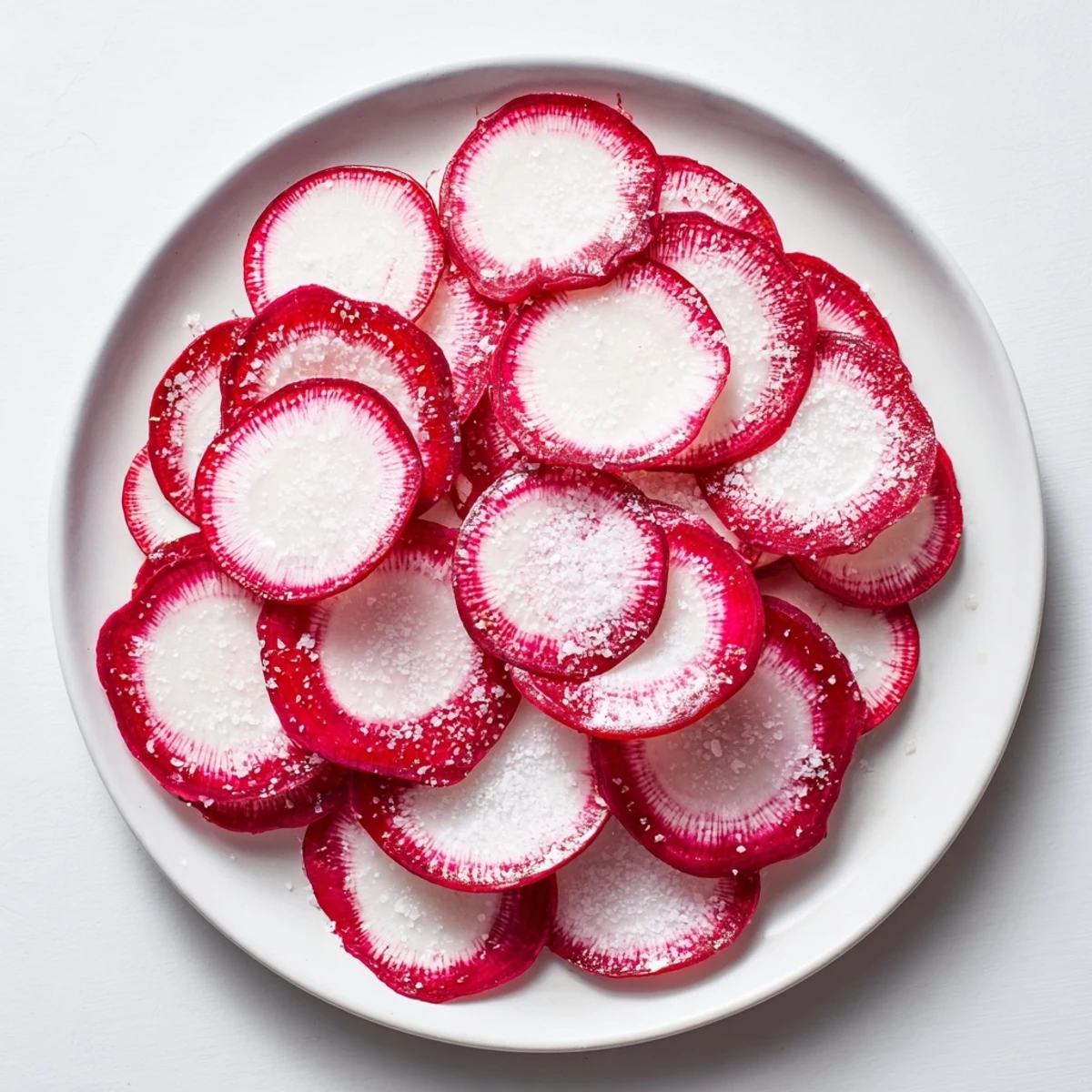 Freshly sliced radish slices with sea salt, a vibrant, crunchy appetizer, ready to enjoy immediately.