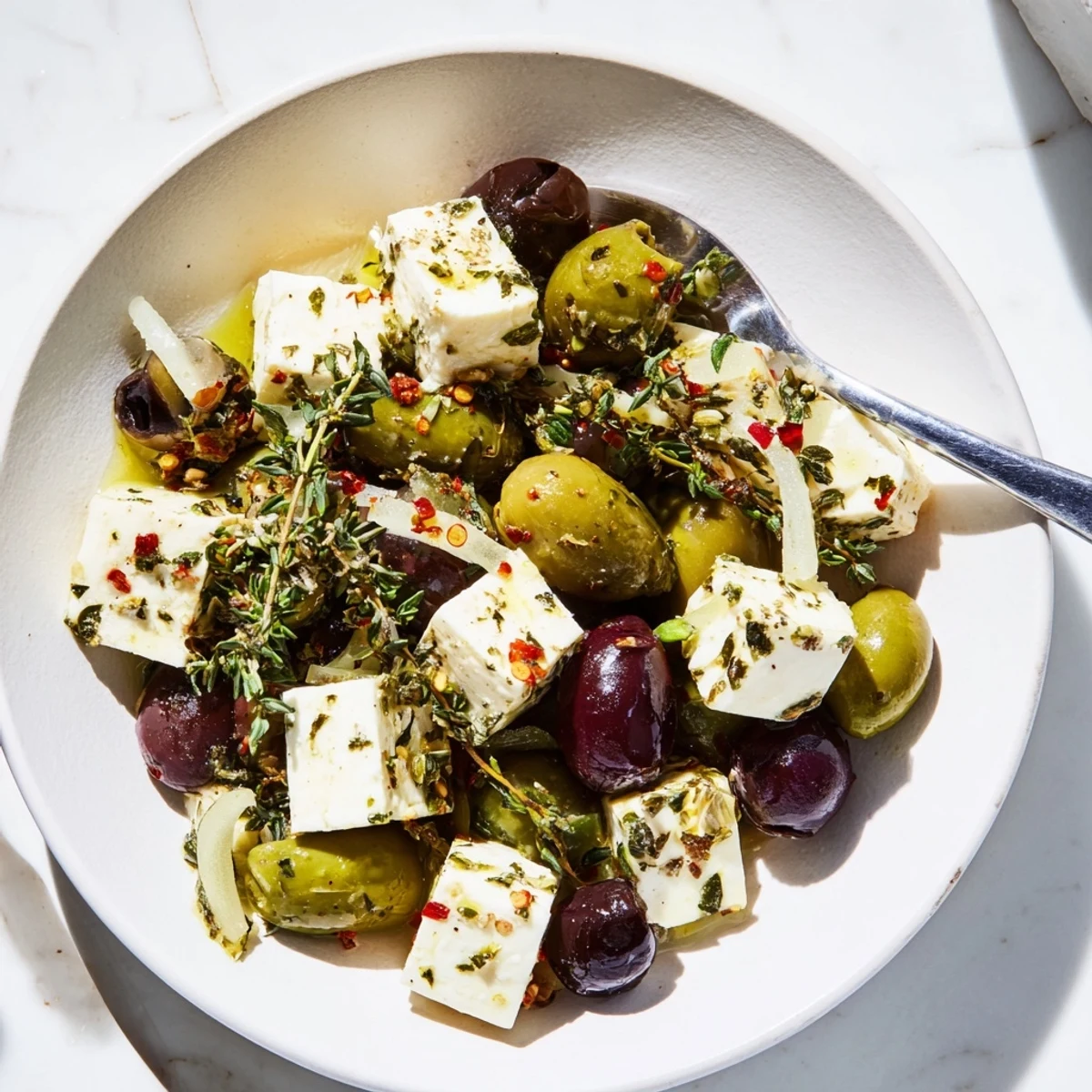 Savory Holiday Mix: Mixed Olives with Feta Cubes, marinated and ready to serve for your guests.